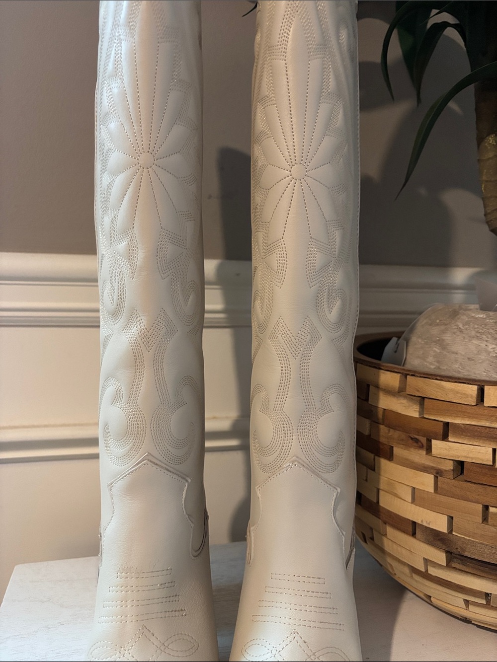 Steve Madden Cream Knee-High Western Boots with Block Heel - Picture 12 of 16